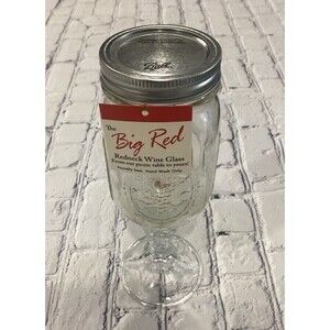 The Big Red “ Redneck Wine Glass” Ball Mason Jar With Glass Stem Base. NWT